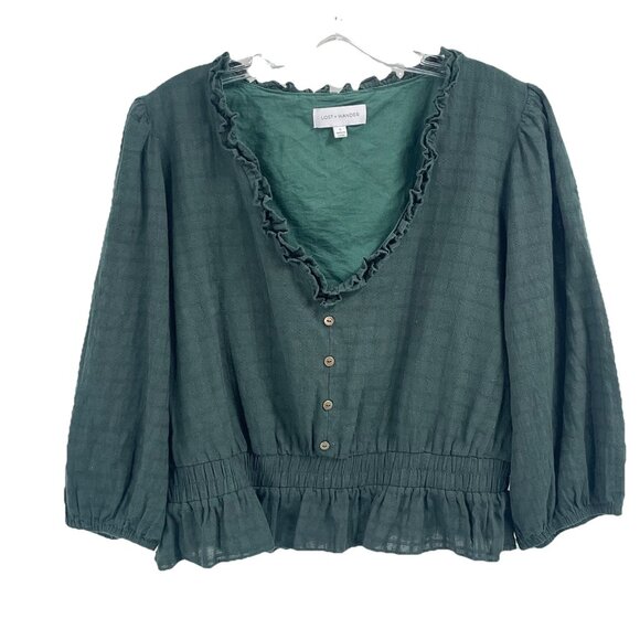 Lost + Wander Green Cropped V Neck Blouse Ruffles Sz L - Picture 1 of 6